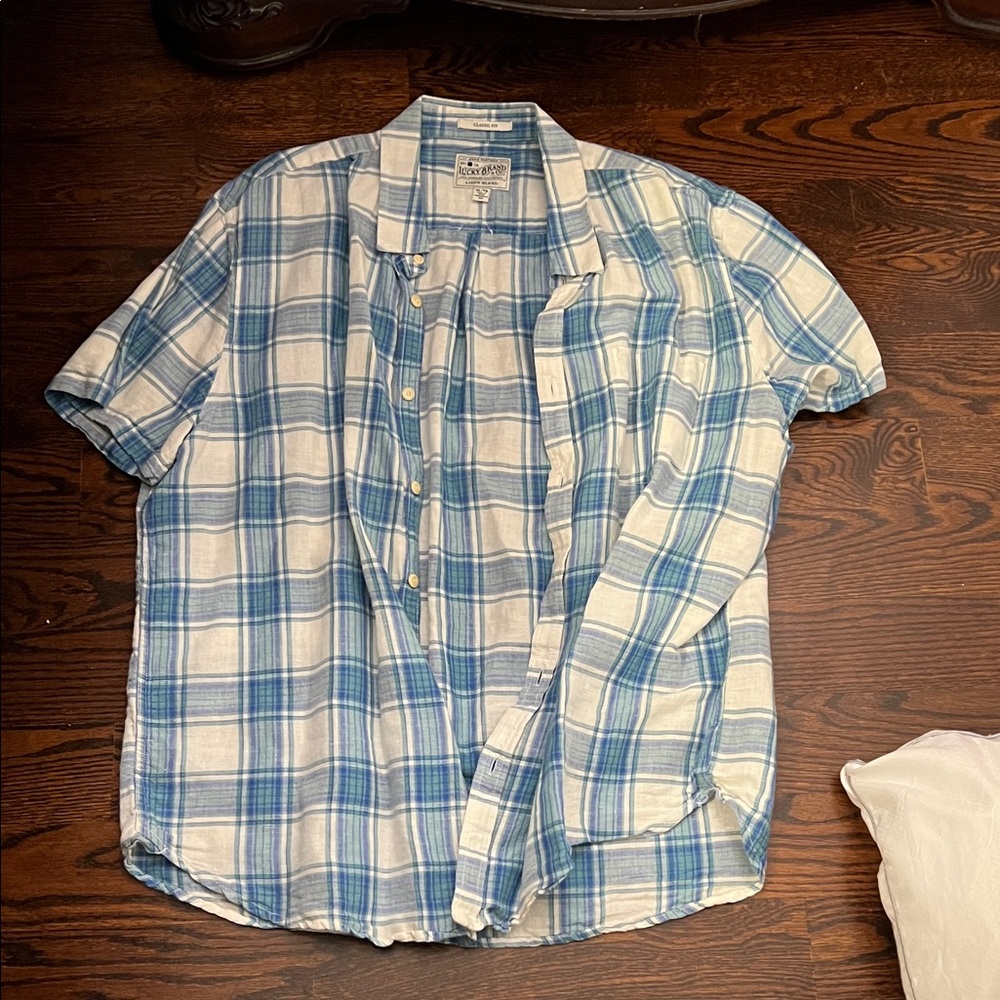 Lucky Brand Blue and White Plaid Shirt linen men’s XL extra large